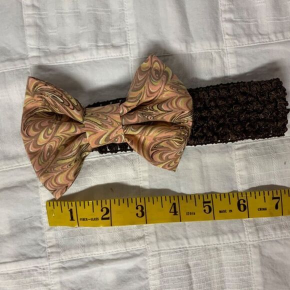 Infant Headband Brown Band Pink Gold Brown Swirls Cotton Bow Size Newborn B294 - Picture 4 of 10